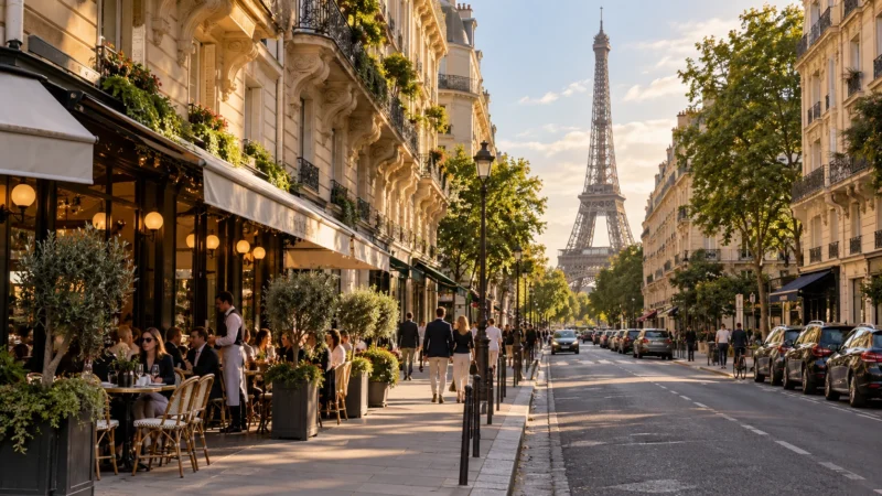 Rue Saint-Dominique с кафе и видом на Эйфелеву башню