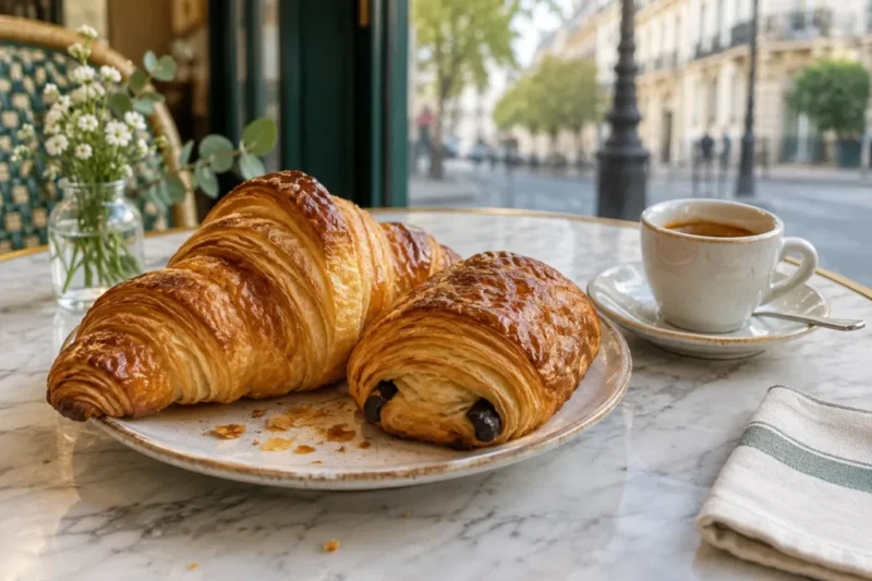Круассан и pain au chocolat на мраморном столике в Париже
